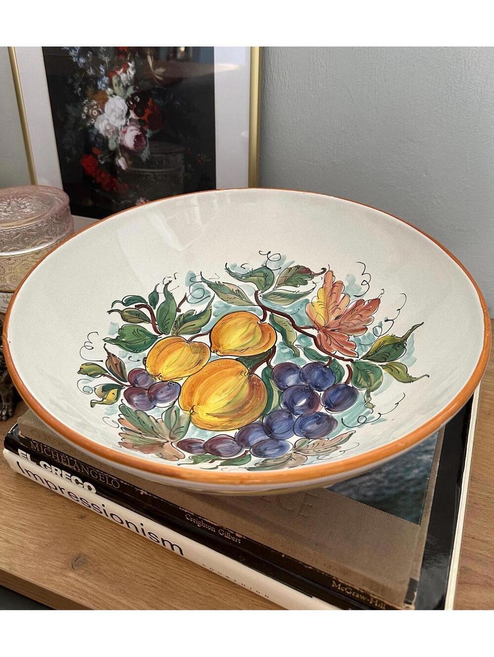 Large Vintage Handpainted Italian Ceramic Bowl Peaches, Grapes, & Leaves Design
